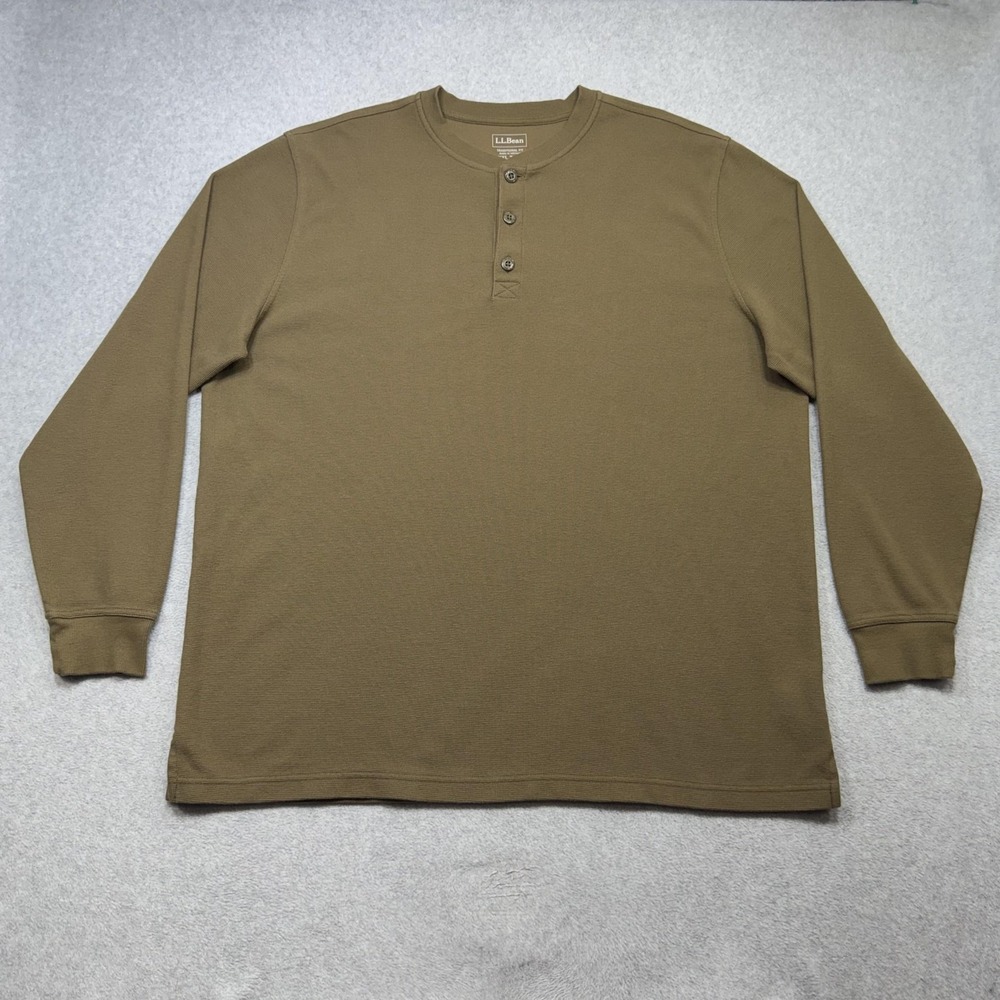 LL Bean Unshrinkable Mini Waffle Henley Shirt Mens 2XLT Brown Casual Outdoor